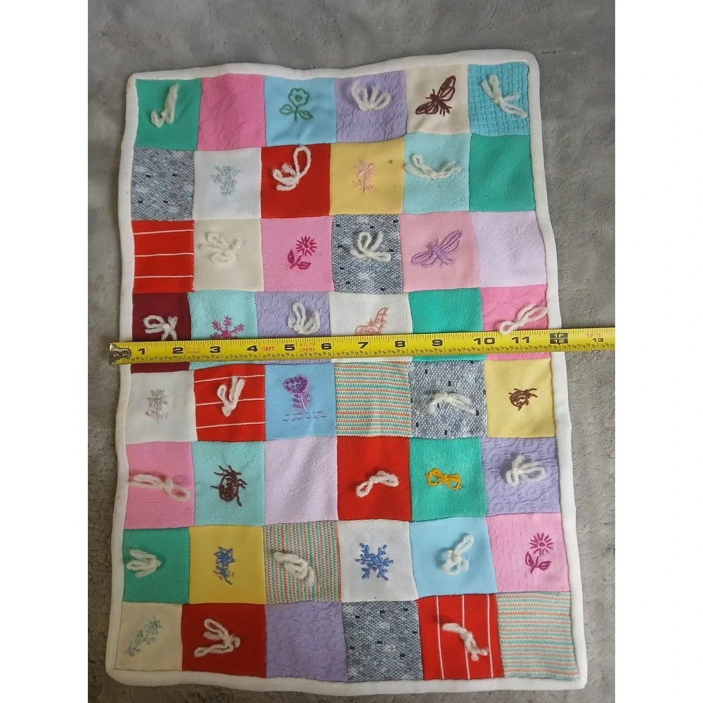 Handmade Patchwork Baby Sensory Blanket Embroidered 17x12 Dollhouse Quilt READ‎